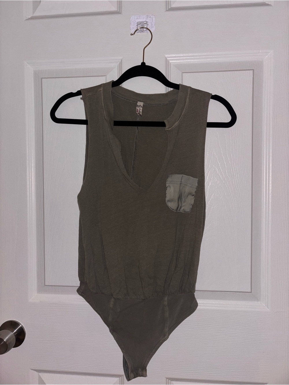 Free People Olive Green Sleeveless V-Neck Bodysuit with Chest Pocket